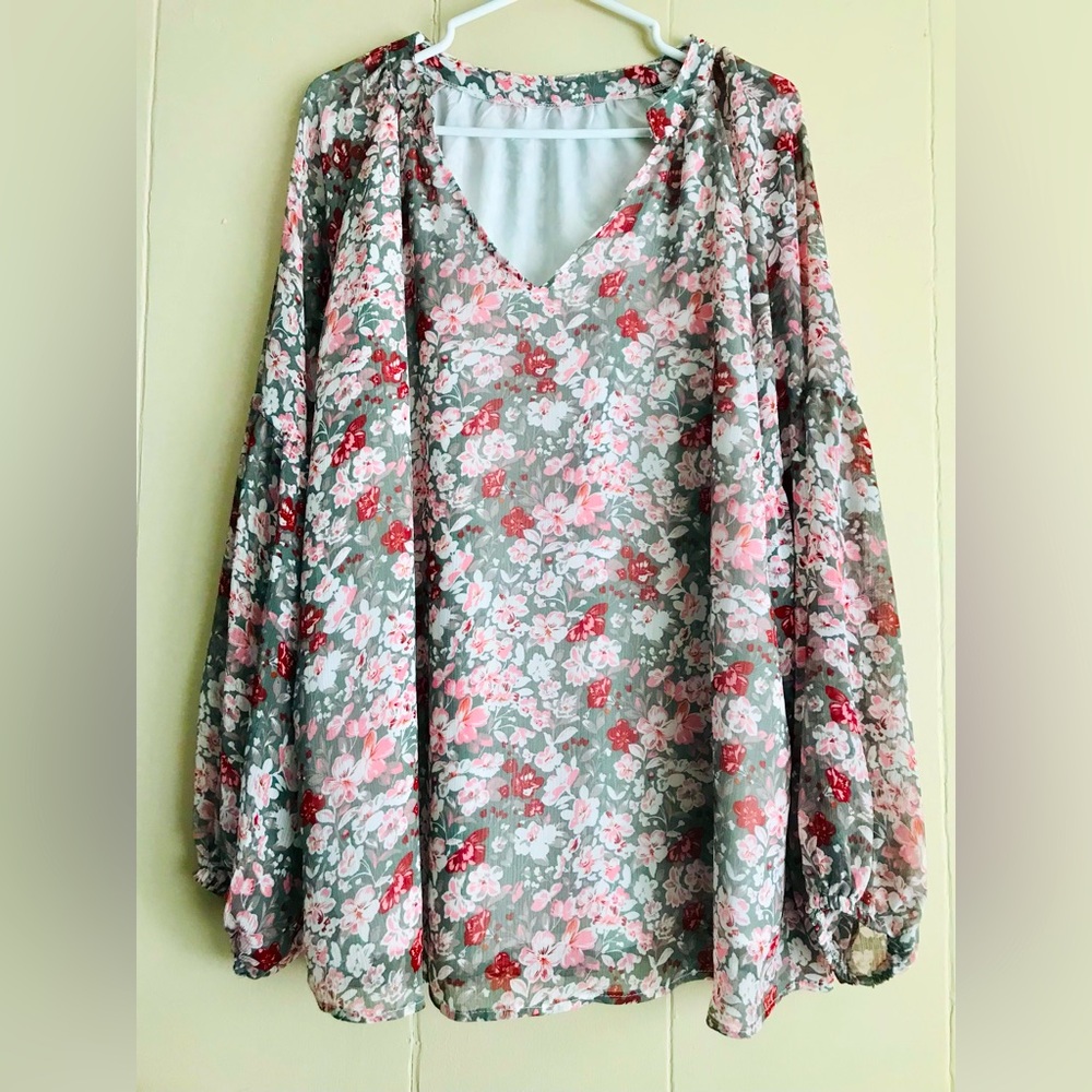 Grey With Pink Floral V-Neck Long Sleeve Top